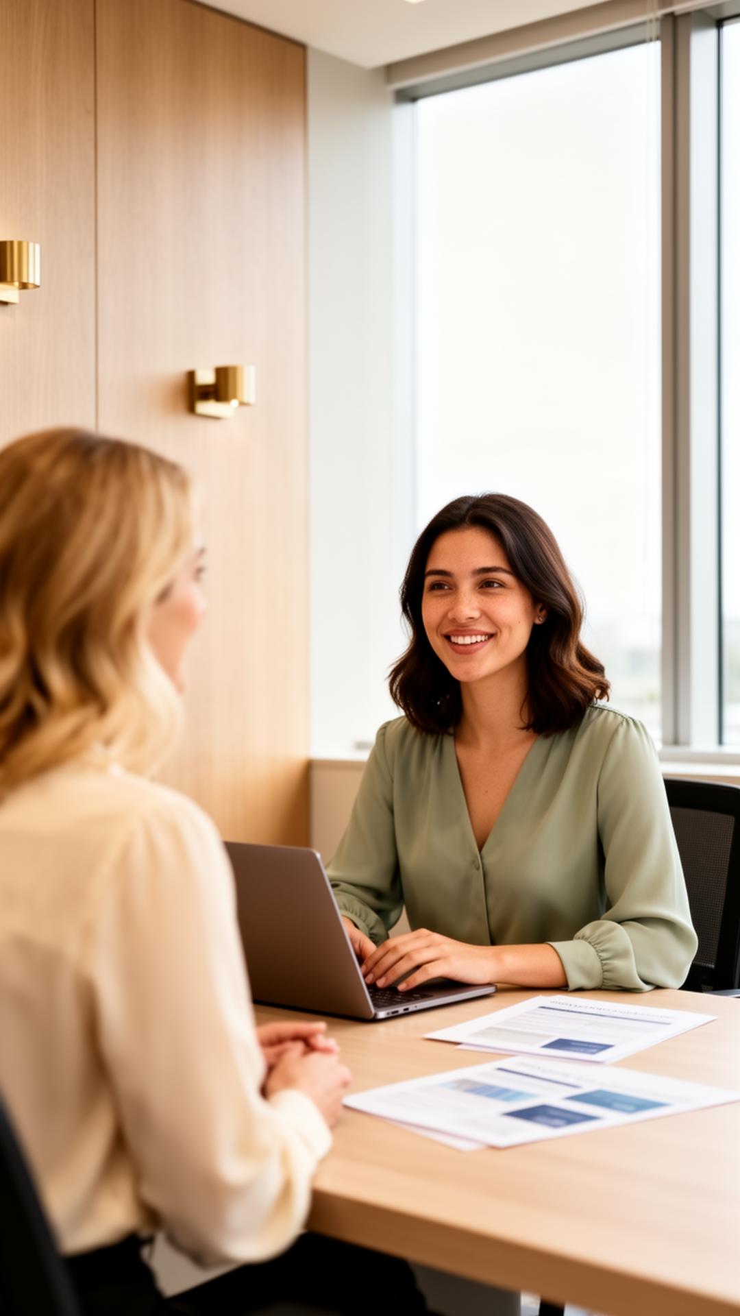 A loan officer at Luxara reviewing mortgage options with a client at a private-office desk
