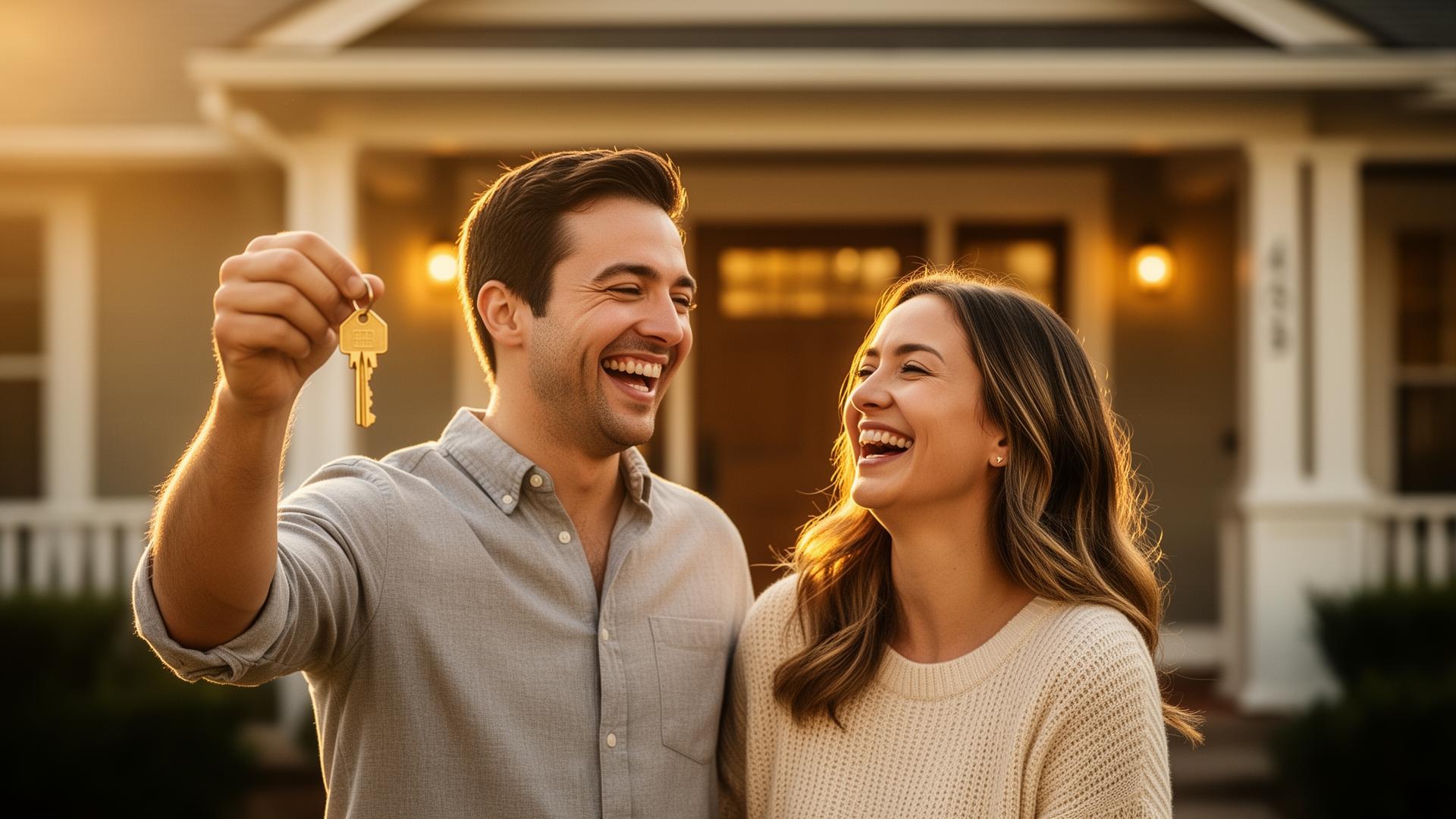 A joyful couple laughing on the front porch of their new home, holding up the keys at golden hour